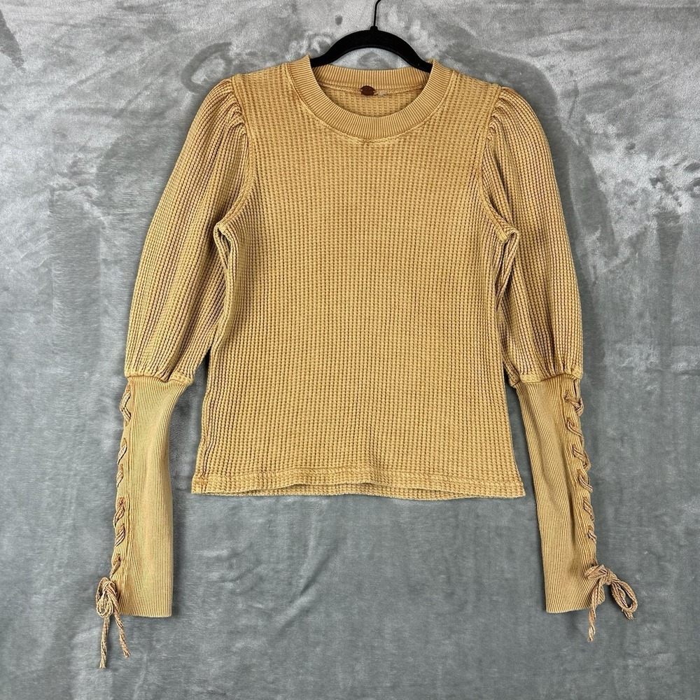 Free People FP One Tasha Thermal Top Women's XS Mustard Yellow Puff Sleeves